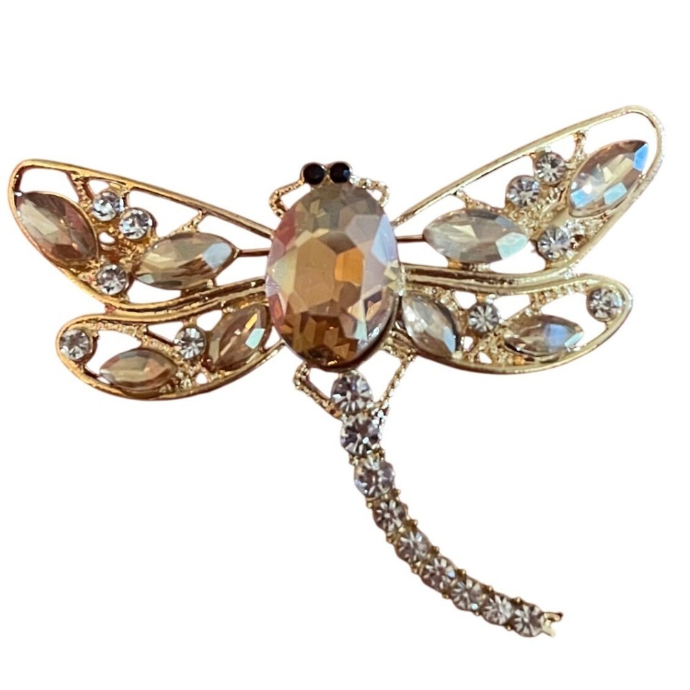Dragonfly Brooch Bling Gold Tone  Pin Rhinestone Crystal Statement Jewelry